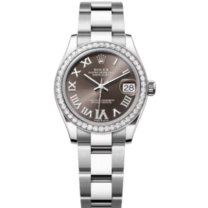 This Oyster Perpetual Datejust 31 in Oystersteel and white gold features a dark grey, diamond-set dial and an Oyster band.