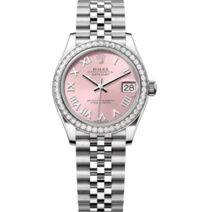 This Oyster Perpetual Datejust 31 in Oystersteel and white gold features a pink dial and a Jubilee band.