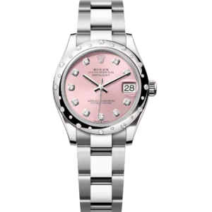 This Oyster Perpetual Datejust 31 in Oystersteel and yellow gold features a dark grey, diamond-set dial and a Jubilee band.