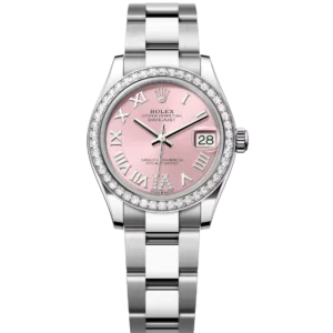 This Oyster Perpetual Datejust 31 in Oystersteel and white gold features a pink, diamond-set dial and an Oyster band.