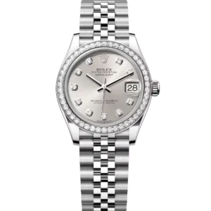 This Oyster Perpetual Datejust 31 in Oystersteel and white gold features a silver, diamond-set dial and a Jubilee band.