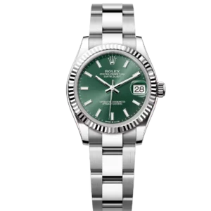 This Oyster Perpetual Datejust 31 in Oystersteel and white gold features a mint green dial and an Oyster bracelet.
