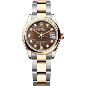 This Oyster Perpetual Datejust 31 in Oystersteel and yellow gold features a black mother-of-pearl, diamond-set dial and an Oyster band.