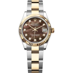 This Oyster Perpetual Datejust 31 in Oystersteel and yellow gold features a black mother-of-pearl, diamond-set dial and an Oyster band.