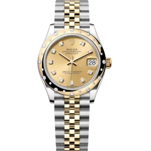 This Oyster Perpetual Datejust 31 in Oystersteel and yellow gold features a champagne colour, diamond-set dial and a Jubilee band.