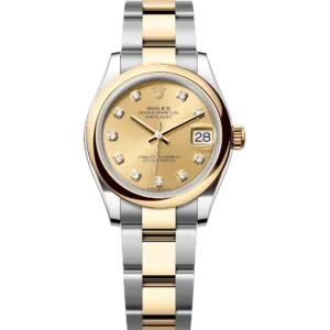 This Oyster Perpetual Datejust 31 in Oystersteel and yellow gold features a champagne colour, diamond-set dial and an Oyster band.