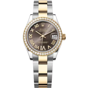 This Oyster Perpetual Datejust 31 in Oystersteel and yellow gold features a dark grey, diamond-set dial and an Oyster band.
