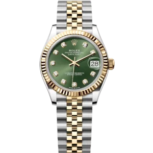 This Oyster Perpetual Datejust 31 in Oystersteel and yellow gold features an olive-green, diamond-set dial and a Jubilee band.