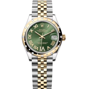 This Oyster Perpetual Datejust 31 in Oystersteel and yellow gold features an olive-green, diamond-set dial and a Jubilee band.