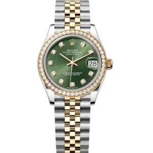 This Oyster Perpetual Datejust 31 in Oystersteel and yellow gold features an olive-green, diamond-set dial and a Jubilee band.