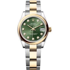 This Oyster Perpetual Datejust 31 in Oystersteel and yellow gold features an olive-green, diamond-set dial and an Oyster band.