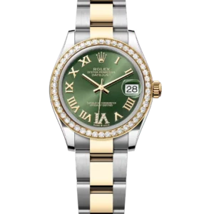 This Oyster Perpetual Datejust 31 in Oystersteel and yellow gold features an olive-green, diamond-set dial and an Oyster band.