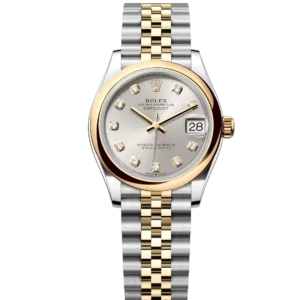 This Oyster Perpetual Datejust 31 in Oystersteel and yellow gold features a silver, diamond-set dial and a Jubilee bracelet.