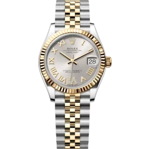 This Oyster Perpetual Datejust 31 in Oystersteel and yellow gold features a silver, diamond-set dial and a Jubilee band.