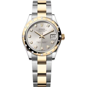 This Oyster Perpetual Datejust 31 in Oystersteel and yellow gold features a silver, diamond-set dial and an Oyster band.