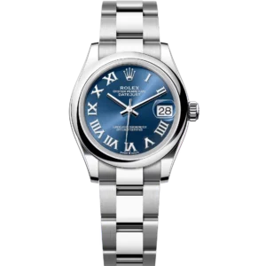 This Oyster Perpetual Datejust 31 in Oystersteel features a bright blue dial and an Oyster band.