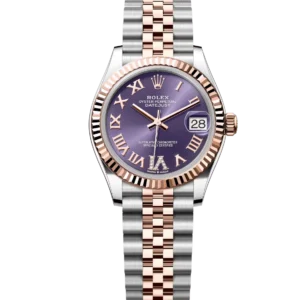 This Oyster Perpetual Datejust 31 in Oystersteel and Everose gold features an aubergine, diamond-set dial and a Jubilee bracelet.
