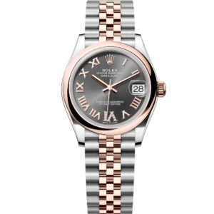 This Oyster Perpetual Datejust 31 in Oystersteel and Everose gold features a slate, diamond-set dial and a Jubilee bracelet.