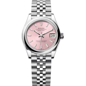 This Oyster Perpetual Datejust 31 in Oystersteel features a pink dial and a Jubilee band.