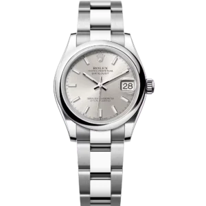 This Oyster Perpetual Datejust 31 in Oystersteel features a silver dial and an Oyster band.