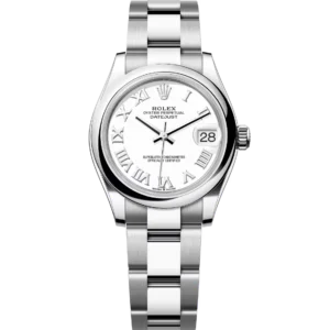 This Oyster Perpetual Datejust 31 in Oystersteel features a white dial and an Oyster band.