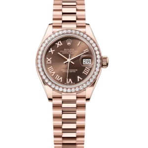 Rolex Lady-Datejust 28 Oyster Perpetual 18 ct Everose gold chocolate dial President band Reference 279135RBR