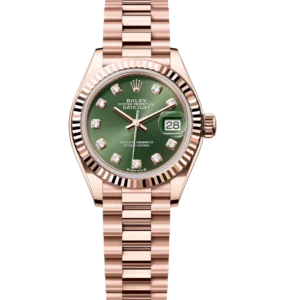 Rolex Lady-Datejust 28 Oyster Perpetual 18 ct Everose gold olive-green, diamond-set dial President band Reference 279175