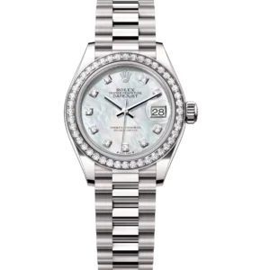 Rolex Lady-Datejust 28 Oyster Perpetual 18 ct white gold white mother-of-pearl, diamond-set dial President band Reference 279139RBR
