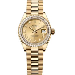 Rolex Lady-Datejust 28 Oyster Perpetual 18 ct yellow gold champagne-colour dial President band Reference 279138RBR