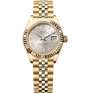 This Oyster Perpetual Lady-Datejust in 18 ct yellow gold features a silver dial and a Jubilee bracelet.