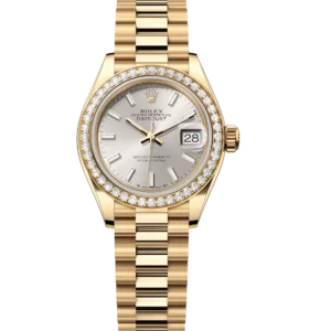 Rolex Lady-Datejust 28 Oyster Perpetual 18 ct yellow gold silver dial President band Reference 279138RBR