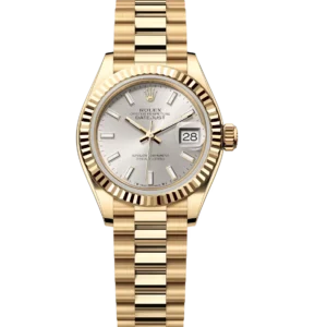 Rolex Lady-Datejust 28 Oyster Perpetual 18 ct yellow gold silver dial President band Reference 279178