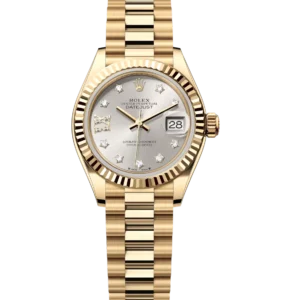 Rolex Lady-Datejust 28 Oyster Perpetual 18 ct yellow gold silver, diamond-set dial President band Reference 279178