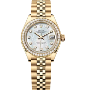 Rolex Lady-Datejust 28 Oyster Perpetual 18 ct yellow gold white mother-of-pearl, diamond-set dial Jubilee band Reference 279138RBR