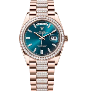 Rolex Day-Date 36 Oyster Perpetual 18 ct Everose gold blue-green, diamond-set dial diamond-set bezel diamond-set President band Reference 128345RBR