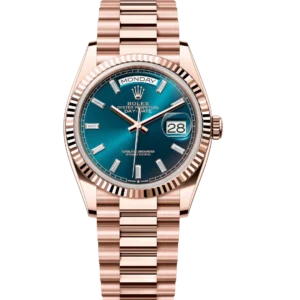 Rolex Day-Date 36 Oyster Perpetual 18 ct Everose gold blue-green, diamond-set dial fluted bezel President band Reference 128235