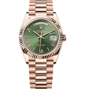 Rolex Day-Date 36 Oyster Perpetual 18 ct Everose gold olive-green dial fluted bezel President band Reference 128235