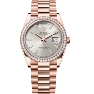 Rolex Day-Date 36 Oyster Perpetual 18 ct Everose gold silver, diamond-set dial diamond-set bezel President band Reference 128345RBR