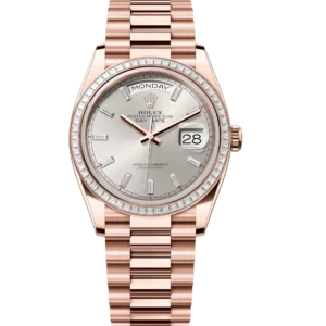Rolex Day-Date 36 Oyster Perpetual 18 ct Everose gold silver, diamond-set dial diamond-set bezel President band Reference 128395TBR