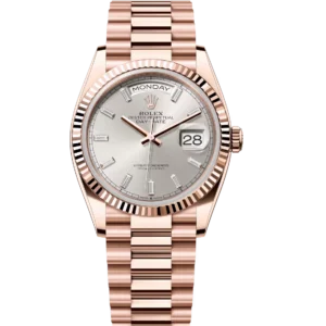 Rolex Day-Date 36 Oyster Perpetual 18 ct Everose gold silver, diamond-set dial fluted bezel President band Reference 128235