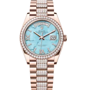 Rolex Day-Date 36 Oyster Perpetual 18 ct Everose gold turquoise, diamond-set dial diamond-set bezel diamond-set President band Reference 128345RBR