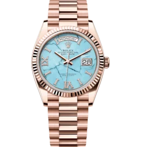 Rolex Day-Date 36 Oyster Perpetual 18 ct Everose gold turquoise, diamond-set dial fluted bezel President band Reference 128235