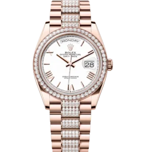 Rolex Day-Date 36 Oyster Perpetual 18 ct Everose gold white dial diamond-set bezel diamond-set President band Reference 128345RBR