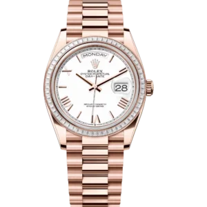 Rolex Day-Date 36 Oyster Perpetual 18 ct Everose gold white dial diamond-set bezel President band Reference 128395TBR