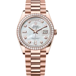 Rolex Day-Date 36 Oyster Perpetual 18 ct Everose gold white mother-of-pearl, diamond-set dial diamond-set bezel President band Reference 128345RBR