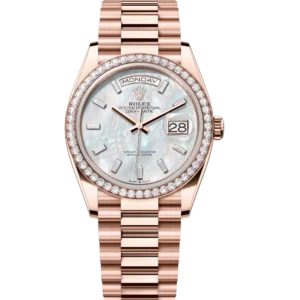 Rolex Day-Date 36 Oyster Perpetual 18 ct Everose gold white mother-of-pearl, diamond-set dial diamond-set bezel President band Reference 128345RBR