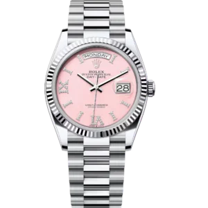 Rolex Day-Date 36 Oyster Perpetual 18 ct platinum gold pink opal, diamond-set dial fluted bezel President band Reference 128236