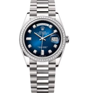 Rolex Day-Date 36 Oyster Perpetual 18 ct white gold blue ombré, diamond-set dial diamond-set bezel President band Reference 128399TBR