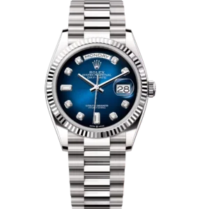 Rolex Day-Date 36 Oyster Perpetual 18 ct white gold blue ombré, diamond-set dial fluted bezel President band Reference 128239