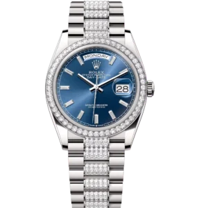 Rolex Day-Date 36 Oyster Perpetual 18 ct white gold bright blue, diamond-set dial diamond-set bezel diamond-set President band Reference 128349RBR
